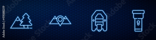 Set line Rafting boat, Mountains with tree, Location mountains and Flashlight. Glowing neon icon on brick wall. Vector.