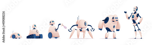 Robot evolution. Smart industry cyborg systems civil or military android from steel exact vector cartoon robot characters. Illustration robot intelligence technology, artificial cyborg evolution