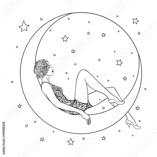 Pretty woman sitting on vintage paper crescent moon. Flapper girl. Retro party invitation design. Vector illustration. Beaty in art deco style. Retro fashion, glamour lady of twenties.
