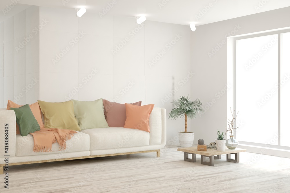 Fototapeta premium White living room with sofa. Scandinavian interior design. 3D illustration