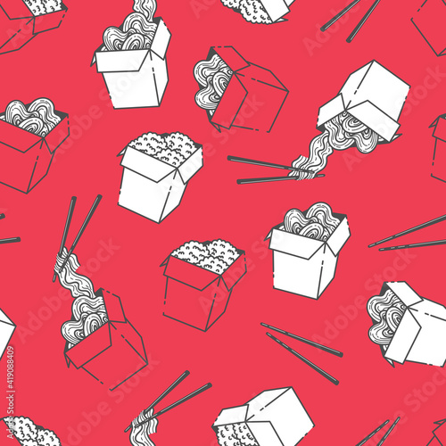 Noodles and rice. Traditional asian food. Chinese, Japanese cuisine. Fast food takeout in a box. Minimalistic flat design. Seamless background with pattern.