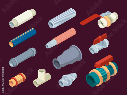 Pipe counters. Valves temperature and water measuring scale plumbing equipment steel counters garish vector isometric illustrations. Pipe and valve, water piping and gas supply tube