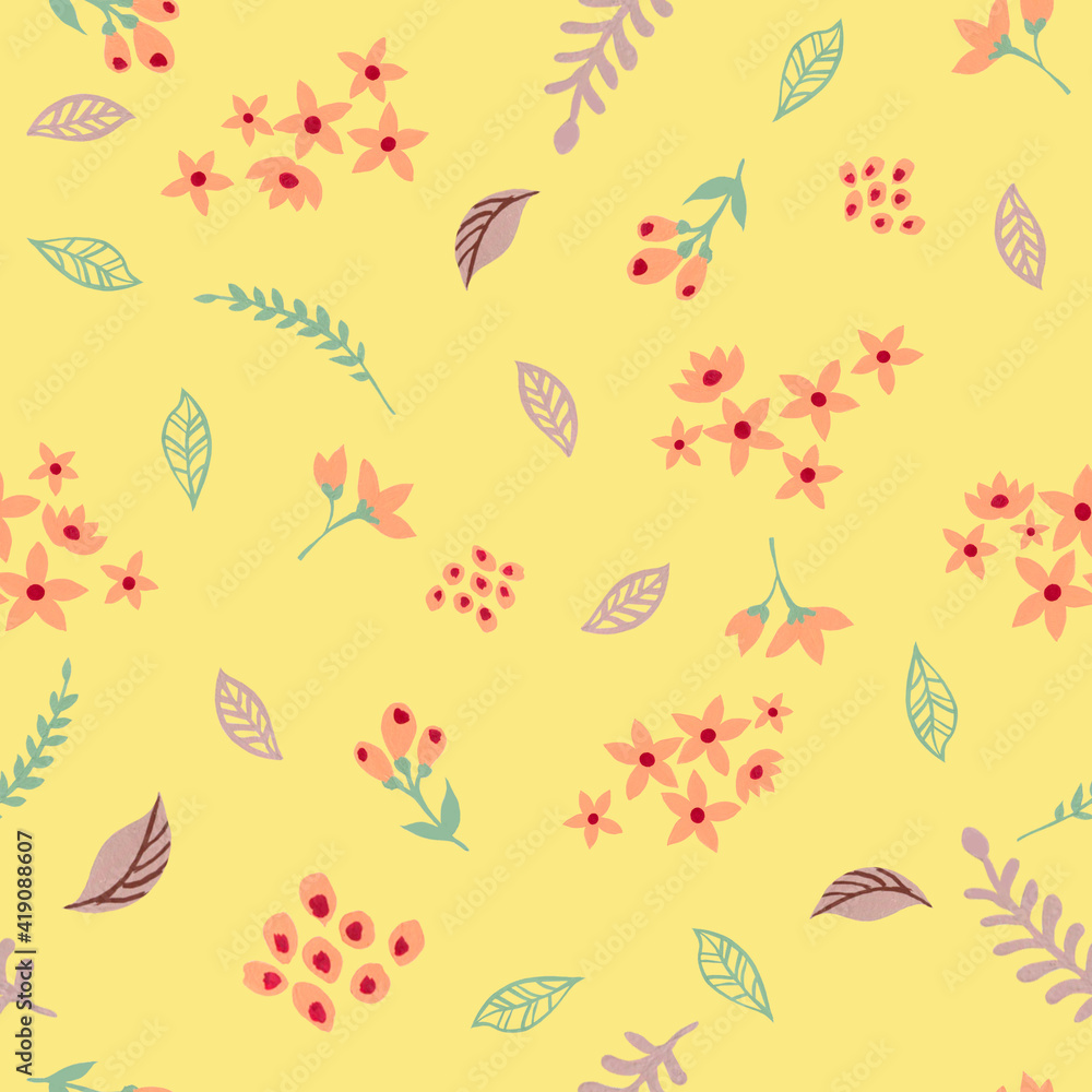 Watercolor gouache abstract wild field flower foliage hand drawning illustration seamless pattern Watercolor gouache abstract wild field flower foliage hand drawning illustration seamless pattern