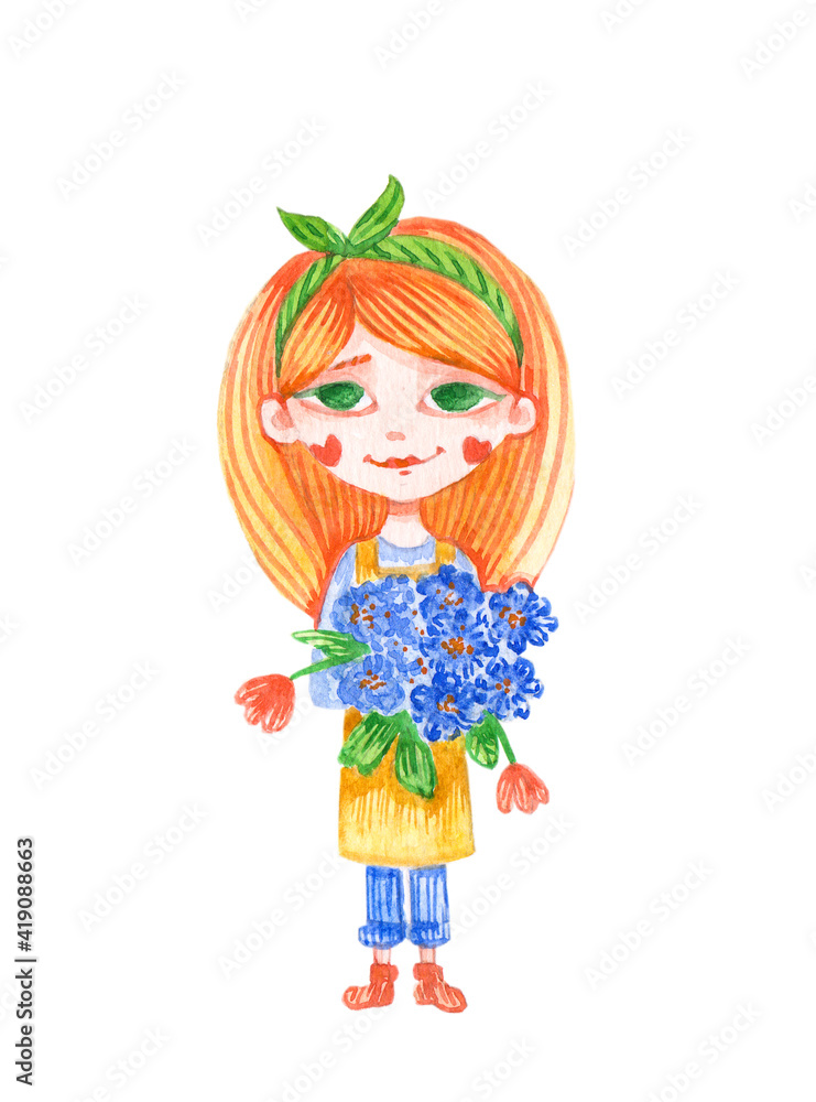 Cute girl florist with bouquet blue chamomile. Flower watercolor summer green floral happy art. Beautiful element yellow woman isolated on white. Cute girl florist with bouquet blue chamomile. Flower watercolor summer green floral happy art. Beautiful element yellow woman isolated on white.