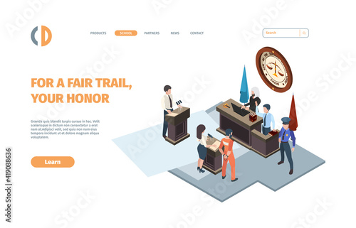 Law justice landing. Judging processes legal punishment legislation court attorney garish vector web page template with isometric concept pictures. Illustration justice law, legal landing page