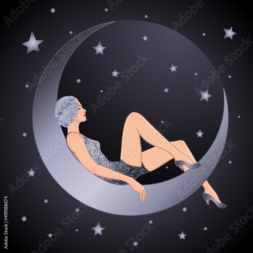 Pretty woman sitting on vintage paper crescent moon. Flapper girl. Retro party invitation design. Vector illustration. Beaty in art deco style. Retro fashion, glamour lady of twenties.