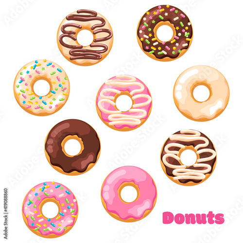 Delicious fresh sweet donut from a pastry bakery. Dessert coated with colored glaze. High-calorie pink strawberry, chocolate brown, white vanilla sweet snack. Isolated clipart set on white background.
