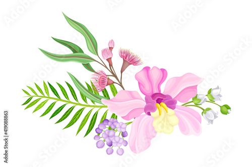 Fragrant Orchid Bloom with Labellum Arranged with Floral Branches Vector Illustration