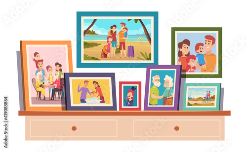 Family photos. Memories photo with smiling people father mother kids grandparents on photo with frame standing on table in room exact vector illustrations. Family photo portrait in frame
