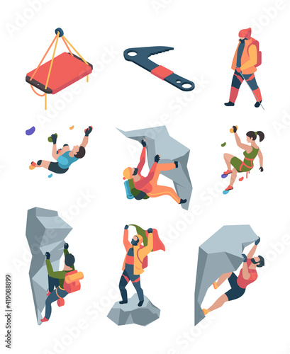 Sport climbers. Active lifestyle people mountain rock team sportsmen healthy persons garish vector climbers set isolated. Illustration climbing mountain and hiking extreme