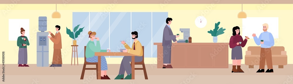 Business break for people in coworking office. Men and women colleagues drink coffee or having lunch, unofficial conversation or rest. Colorful flat cartoon vector illustration.