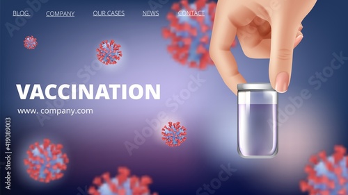 Vaccination banner. Innovation vaccine, medications and viruses. Time to vaccinate, safety and healthcare vector background. Illustration vaccination medication, innovation vaccine