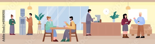 Business break for people in coworking office. Men and women colleagues drink coffee or having lunch, unofficial conversation or rest. Colorful flat cartoon vector illustration.