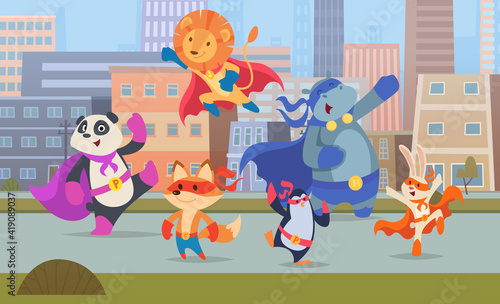 City superhero animals. Urban landscape with skylines buildings strong defenders animals exact vector superheroes cats dogs puppy in masks. Illustration superhero animal, super hero costume