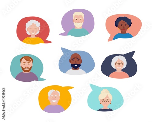 People in speech bubbles. Neighborhood chat, remote communication diverse persons vector concept. Illustration communication people speech conversation