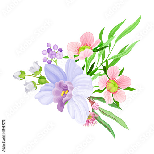 Fragrant Orchid Bloom with Labellum Arranged with Floral Branches Vector Illustration