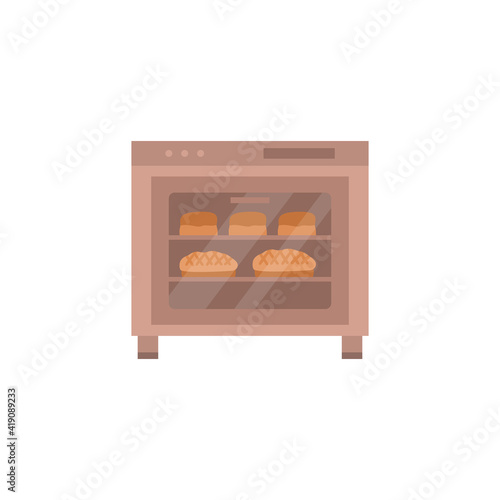 Baking in electric oven fresh loaves and bread, flat cartoon vector illustration isolated on white background. Bakery or house kitchen baking oven with wheat bread.