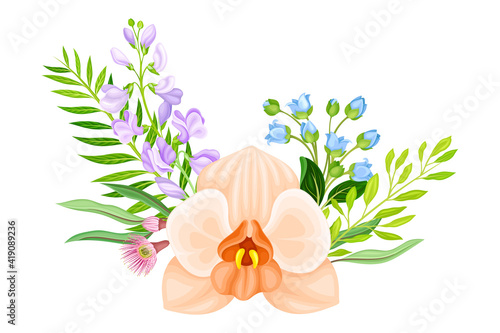 Tender Orchid Bloom Arranged with Flowering Stems and Twigs Vector Illustration