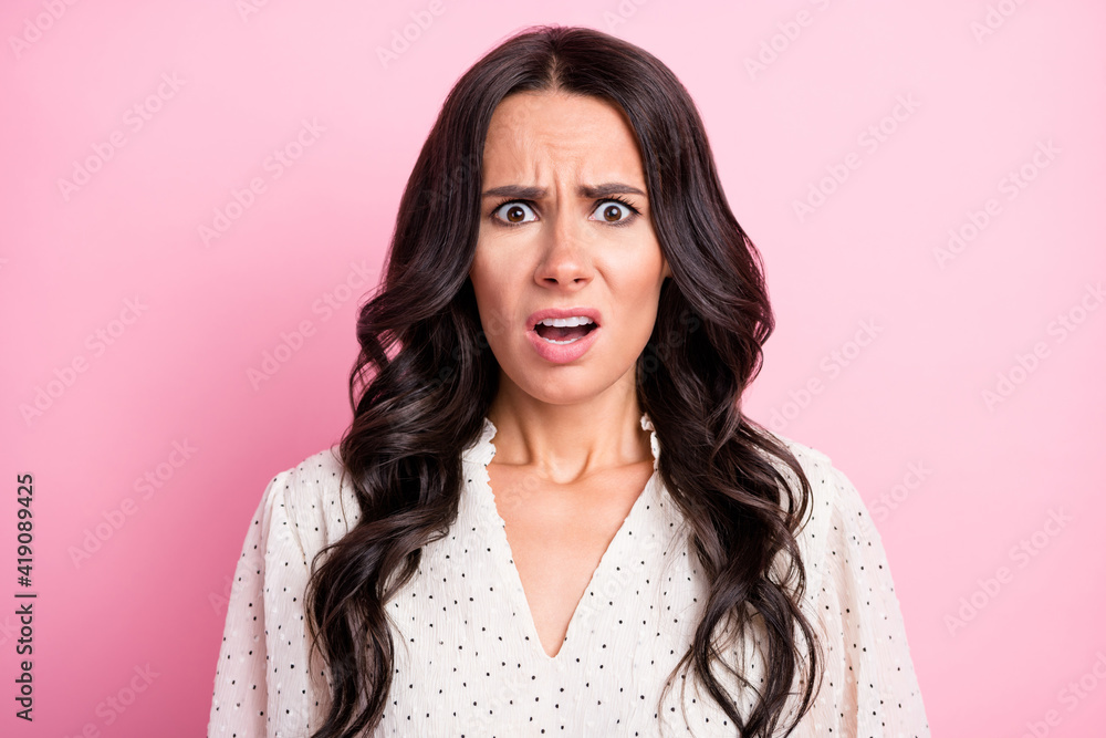 Fototapeta premium Photo of impressed pretty lady open mouth staring camera cant believe isolated on pink color background