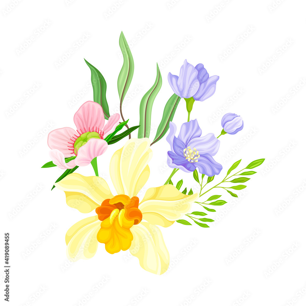 Tender Orchid Bloom Arranged with Flowering Stems and Twigs Vector Illustration