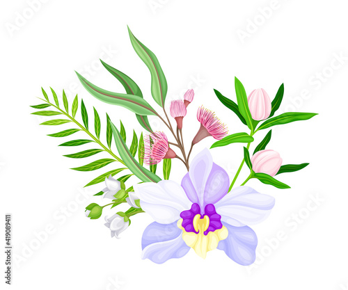 Tender Orchid Flower Arranged with Flowering Stems and Twigs Vector Illustration