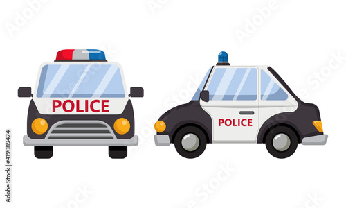 Fototapeta Naklejka Na Ścianę i Meble -  Police car front and side view. Flat cartoon style transportation isolated on white