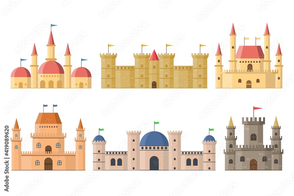 Naklejka premium Fairy medieval castles and palaces with towers isolated from background vector illustration