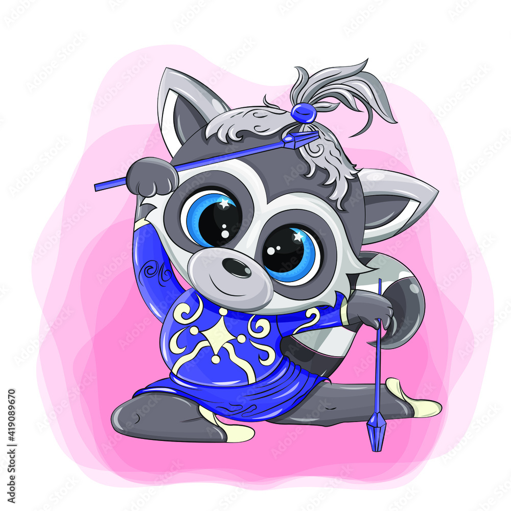 Fototapeta Vector images of a raccoon who is engaged in gymnastics. This funny animal is made in a cartoon style. Isolated raccoon has a beautiful smile and cute big eyes