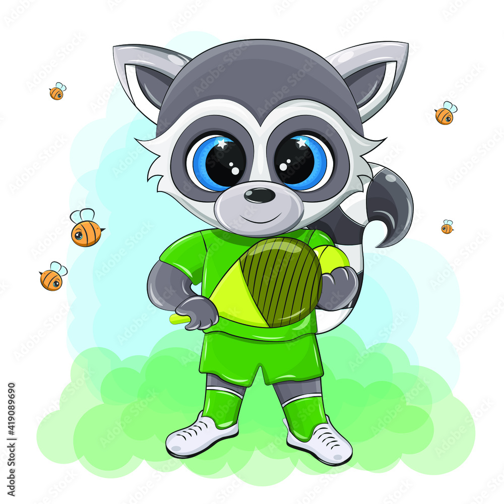 An isolated image of a raccoon playing table tennis on a green background. A funny animal with a cute smile is made in a cartoon style.