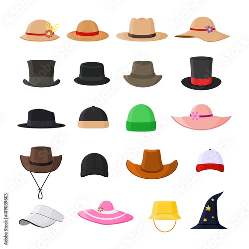 Set of hats in various model stylish, vintage and modern flat vector illustration