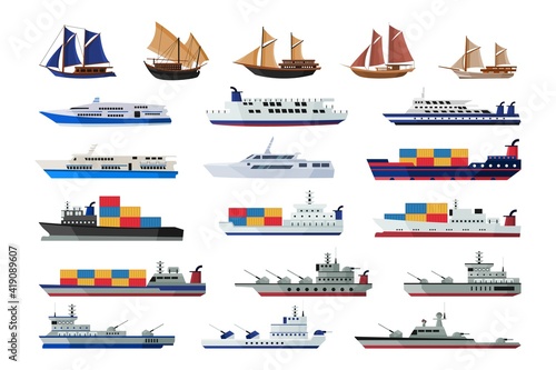 Set of maritime ship collections shipping boats, sail boat, ocean ships, yacht sailing boats, cargo ships water transport vector illustration