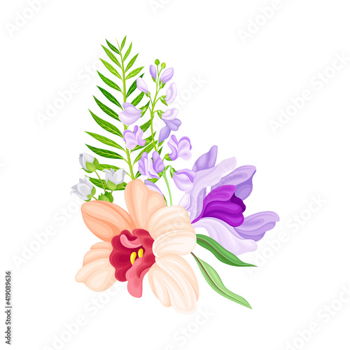Pink Orchid Bloom with Labellum Arranged with Floral Branches Vector Illustration