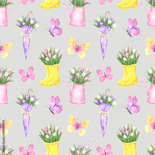 Rubber Boots and Umbrella with Tulips Pattern