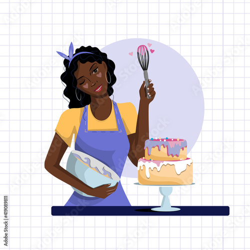 An African-American girl in an apron is preparing a birthday cake. He smiles and kneads the cream. Postcard, illustration, layout, print.