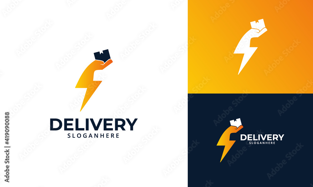 Fast Delivery  Logo designs Template. Illustration vector graphic of  thunder  with hand hold  box  logo design concept. Perfect for Delivery service, Delivery express logo design.  