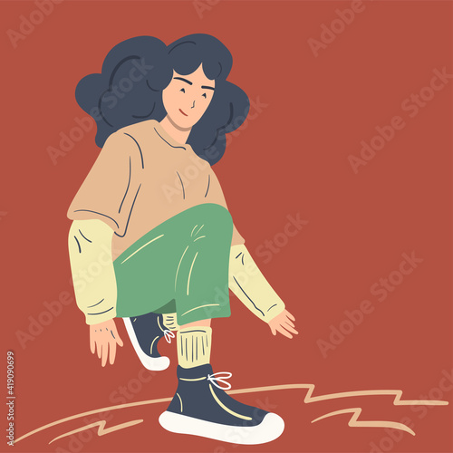 Hand drawn sketchy portrait of a cool hipster girl with massive curly hair wearing baggy outfit 