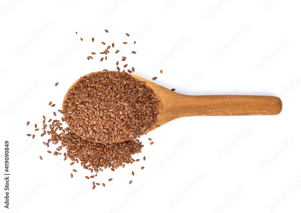 Flax seed or linseed in wood spoon isolated on white background Flax seed or linseed in wood spoon isolated on white background