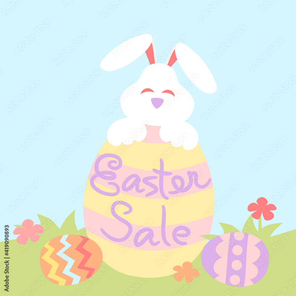 Easter sale with painted eggs and rabbit Easter sale with painted eggs and rabbit