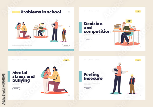 Problems in school set of landing pages with concept of violence, abusing, bullying and pressure
