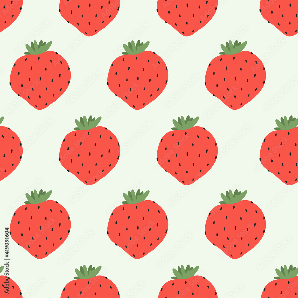 Vector seamless pattern with strawberries on a pink background. Repeating illustration for web and fabric design. Cartoon hand drawn style. For wallpaper and social media design Vector seamless pattern with strawberries on a pink background. Repeating illustration for web and fabric design. Cartoon hand drawn style. For wallpaper and social media design