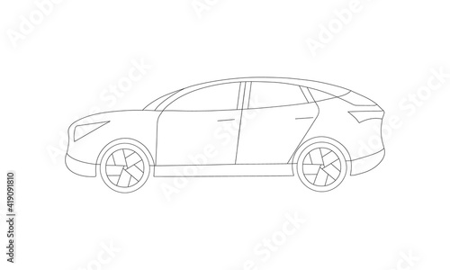 Line electric petrol or gasoline car model. A off-road suv for rent couple, family, race, taxi usage or race. Side view lineart.