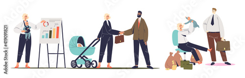 Set of successful businesswomen with kids on work: on meeting, during presentation and at workplace