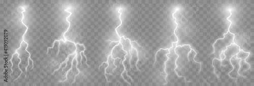 Vector lightning, lightning png set, thunderstorm, lighting. Natural phenomenon, light effect. PNG.