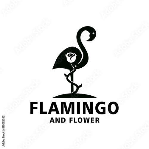 A clever dual meaning logo featuring a flamingo and rose flower. Double meaning design concept. Modern, creative, and elegant negative space logo.