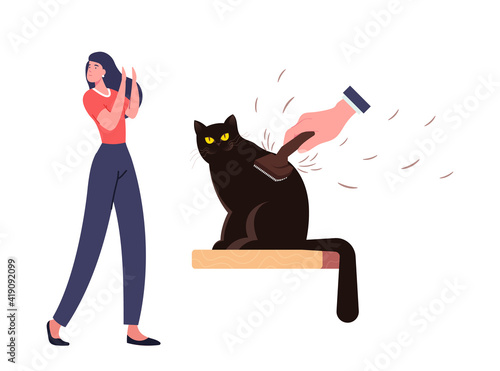 Female Character with Cat Allergy Sneezing of Pets Hair. Allergic Reaction on Animal Fur Concept. Woman Suffer of Cough