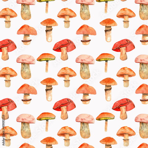 Seamless pattern with mushrooms.Cortinarius caperatus and Suillellus luridus mushrooms.Watercolor hand painted on white background.