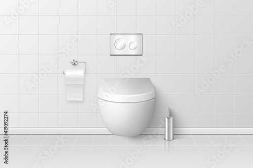 Vector 3d Realistic White Ceramic Toilet Closeup in the Bathroom, Toilet Room. Closed Toilet Bowl with Lid. Plumbing, Mockup, Design Template for Interior, Cleaning, Hygiene Concept. Front View
