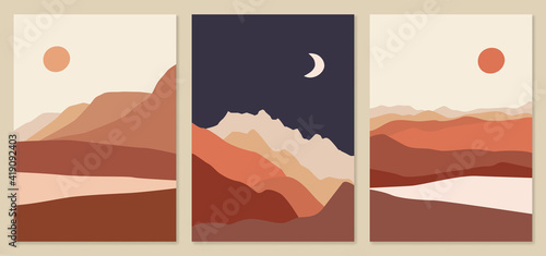 Abstract landscape illustrations. Mountains, sun, moon, sunset, desert, hills minimalist design. Trendy mid century art, boho home decor, wall art. © mayrum