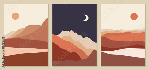 Abstract landscape illustrations. Mountains, sun, moon, sunset, desert, hills minimalist design. Trendy mid century art, boho home decor, wall art.