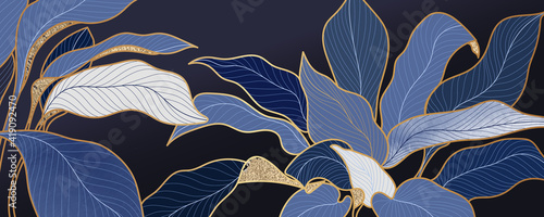Luxury blue leaf background vector with golden metallic decorate wall art